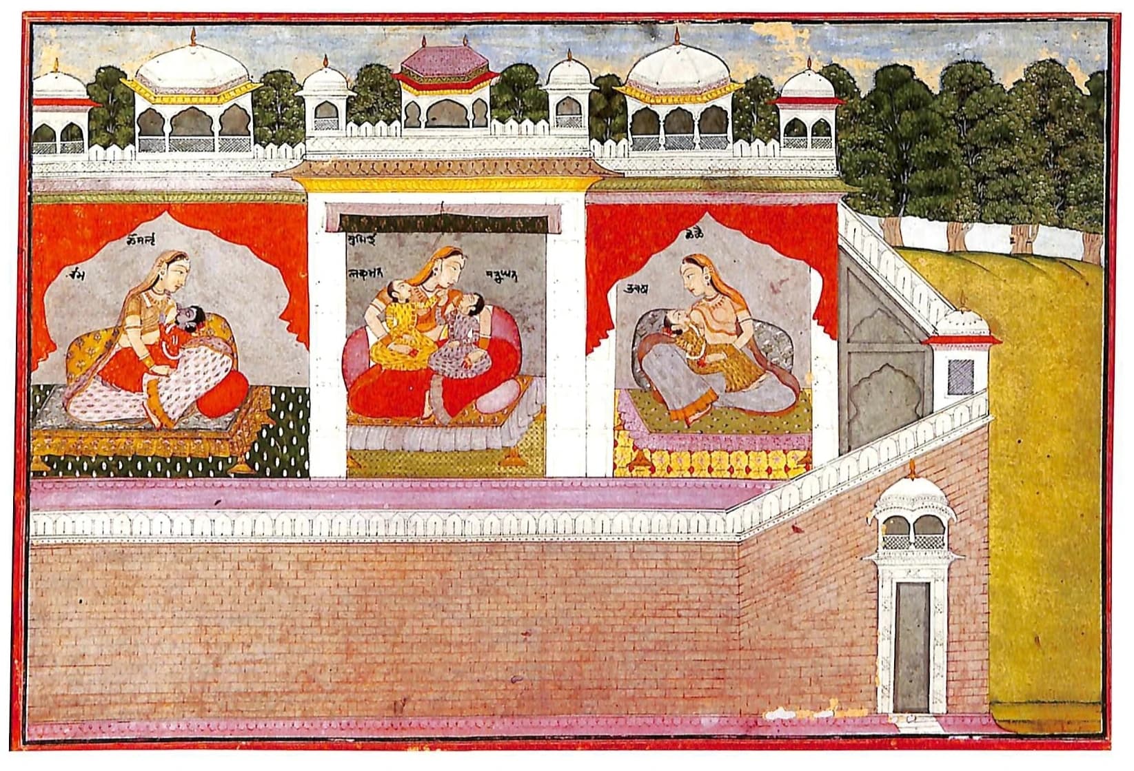Historic Ramayana painting showing mothers with children in three palace rooms, with trees beyond the walls
