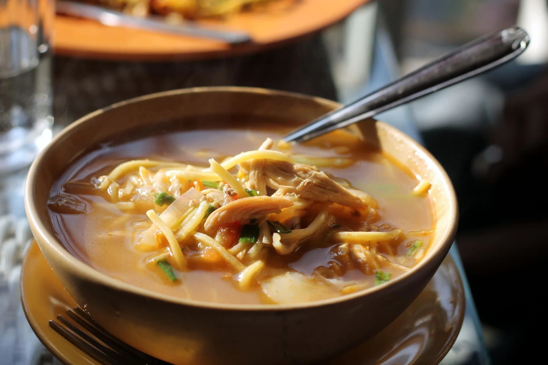 Thukpa with long noodles and toppings in a brown bowl, photographed in Sikkim
