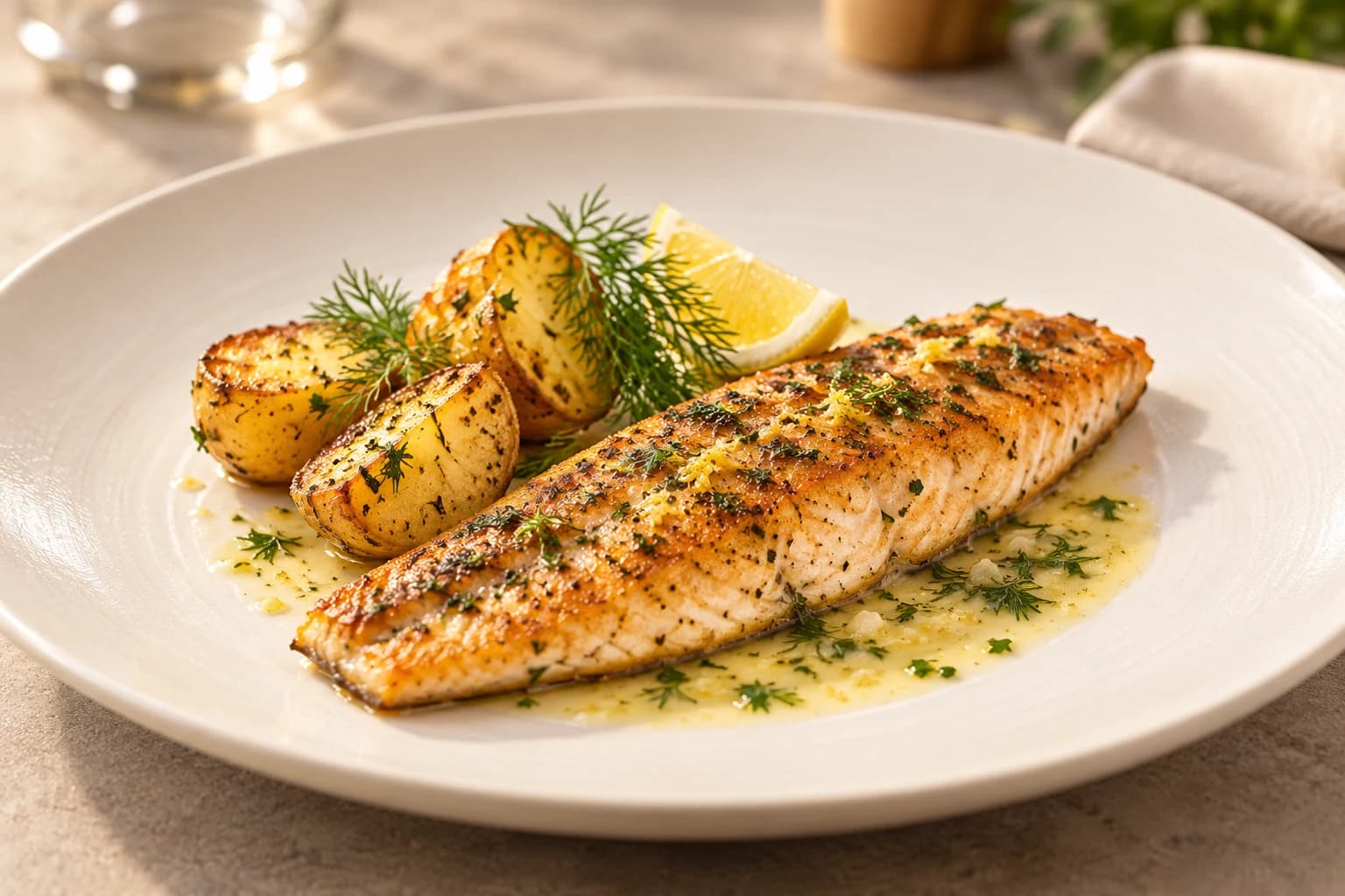 Editorial illustration of a golden trout fillet with roast potatoes, dill and lemon on an ivory plate