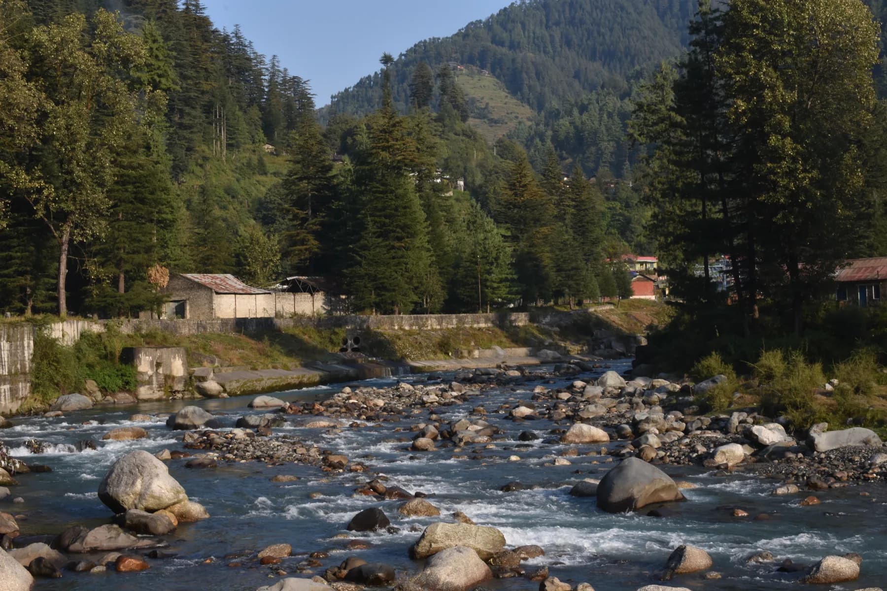 Uhl River flowing through the forested valley at Barot